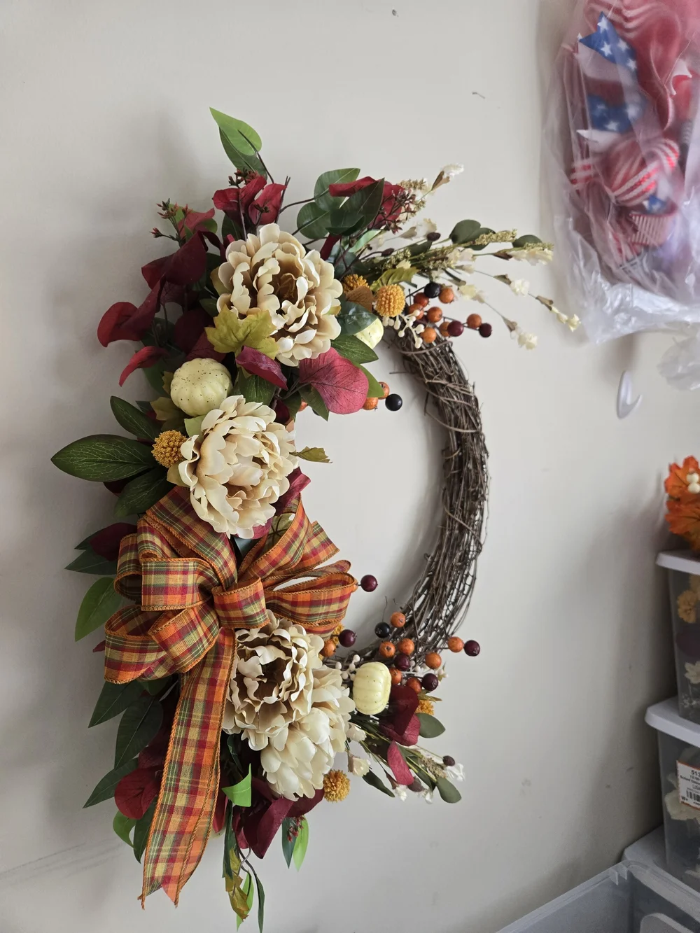 Autumn Floral Grapevine Wreath with Plaid Bow